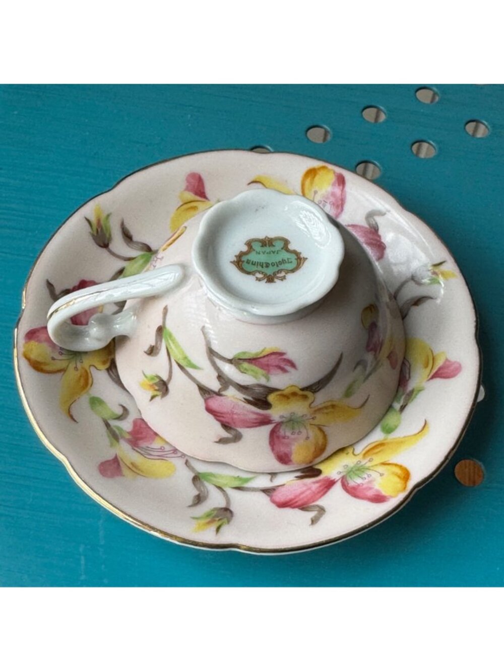 Japanese Jyoto China Floral Tea Cup & Saucer Set Porcelain 4-Piece Pastel Vtg - Picture 13 of 16